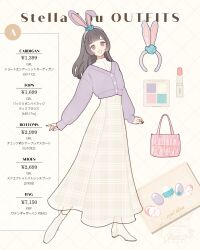 1girl animal_ears animification bag brown_hair duffy_and_friends english_text full_body highres humanization looking_at_viewer makeup meecosme parted_lips rabbit_ears shirt skirt smile solo standing stellalou turtle_boy