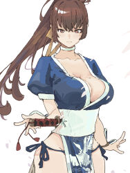 1girl blue_dress breasts brown_hair choker cleavage dead_or_alive dress highres kasumi_(doa) large_breasts ninja obi ooiwa_(irc14786149) pelvic_curtain ponytail ribbon sash solo sword wakizashi weapon white_background yellow_ribbon