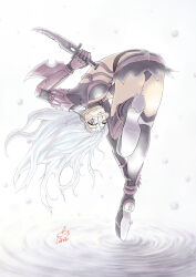 1girl arm_blade armor armored_boots ass bent_over bikini_armor black_thighhighs boots breasts brown_armor brown_eyes commentary_request dagger floating_hair full_body guillotine_cross_(ragnarok_online) high_heel_boots high_heels holding holding_dagger holding_knife holding_weapon knife lobnor long_hair looking_at_viewer medium_breasts open_mouth parted_lips ragnarok_online ripples shoe_soles shrug_(clothing) solo thighhighs water_drop weapon white_background white_hair