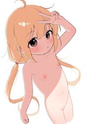 1girl absurdres bar_censor blonde_hair blush brown_eyes censored cleft_of_venus closed_mouth commentary_request cowboy_shot flat_chest futaba_anzu highres idolmaster idolmaster_cinderella_girls loli long_hair low_twintails matanukinuki navel nipples pussy simple_background solo twintails v very_long_hair white_background