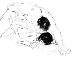 1boy 1girl ass bed_sheet bite_mark bite_mark_on_ass black_hair caleb_(love_and_deepspace) closed_eyes greyscale height_difference hetero kneeling lipstick_mark_on_chest love_and_deepspace monochrome protagonist_(love_and_deepspace) sex sheet_grab short_hair simple_background top-down_bottom-up torso_grab xyzcolonel