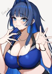 1girl absurdres alternate_costume blue_eyes blue_hair blue_nails blue_sports_bra blunt_bangs blunt_ends blush breasts cellphone cleavage closed_mouth clothes_pull colored_inner_hair commentary crop_top english_commentary fang fingernails h4kuuua_0 hair_intakes highres holding holding_phone hololive hololive_english jewelry large_breasts long_hair looking_at_viewer midriff multicolored_hair necklace ouro_kronii phone rubber_band shirt_pull sidelocks simple_background skin_fang smartphone smile solo sports_bra sportswear sweat upper_body virtual_youtuber waving white_background zipper_top