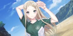 Rule 34 | 1girl, arms up, beach, blonde hair, blue reflection (series), blue reflection sun, blue sky, breasts, closed mouth, cloud, day, dutch angle, emblem, forehead, game cg, green eyes, green shirt, hand grab, highres, kishida mel, long hair, looking at viewer, medium breasts, morisaki alesia yu, mountain, non-web source, official art, outdoors, own hands together, parted bangs, shirt, short sleeves, sky, solo, t-shirt, two-tone shirt, upper body, wavy mouth, white shirt