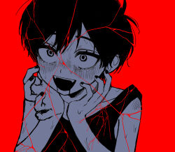 1boy :d antenna_hair bags_under_eyes bare_arms bare_shoulders blush commentary_request double-parted_bangs droopy_ears fangs from_above greyscale_with_colored_background hair_between_eyes hands_on_own_cheeks hands_on_own_face hands_up highres looking_ahead looking_up nail_polish nose_blush official_alternate_eye_color omori omori_(omori) open_mouth portrait pov red_background rou_(h_s_sinrin) shattered_omori_(omori) simple_background smile solo sweat tank_top teeth upper_teeth_only