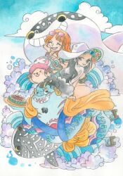 Rule 34 | 2boys, 2girls, ^ ^, absurdres, antlers, bikini, black hair, blue skin, chest tattoo, closed eyes, cloud, colored skin, commentary request, eyewear on head, facial hair, fish, geta, goatee, half updo, hat, highres, horns, jinbe (one piece), long hair, looking back, multiple boys, multiple girls, nami (one piece), nico robin, one piece, orange hair, painting (medium), reindeer antlers, scar, scar on face, sharp teeth, smile, swimsuit, tattoo, teeth, tony tony chopper, traditional media, twitter username, watercolor (medium), yachiy0