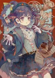 1girl :o belt blue_coat blue_hat blue_shirt blush border braid brooch brown_eyes cha_goma coat commentary_request cowboy_shot dutch_angle floating_hair flower hair_ribbon hat high_heels highres horns ink inkwell instrument jewelry long_bangs long_sleeves looking_at_viewer miniskirt open_clothes open_coat open_hand open_mouth orange_border original outstretched_arm paper petticoat plaid_clothes plaid_skirt pleated_skirt puffy_sleeves purple_hair ribbon shirt simple_background single_braid skirt sleeve_cuffs sleeves_past_wrists solo tassel trombone tulip turtleneck white_flower