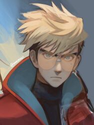 1boy black_hair black_shirt blonde_hair blue_eyes closed_mouth coat commentary earrings english_commentary frown highres jewelry kookirani looking_at_viewer male_focus mole mole_under_eye multicolored_hair orange-tinted_eyewear piercing portrait red_coat rimless_eyewear round_eyewear shirt short_hair sideburns single_earring solo thick_eyebrows tinted_eyewear trigun trigun_stampede turtleneck twitter_username two-sided_coat two-sided_fabric two-tone_hair upper_body v-shaped_eyebrows vash_the_stampede