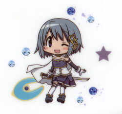 1girl absurdres blue_eyes blue_gemstone blue_hair cape chibi cutlass fortissimo gem gloves hair_ornament hairclip highres holding holding_sword holding_weapon magical_girl mahou_shoujo_madoka_magica miki_sayaka miki_sayaka_(magical_girl) musical_note non-web_source official_art one_eye_closed scan short_hair skirt smile solo soul_gem star_(symbol) sword thighhighs weapon white_background white_cape white_gloves