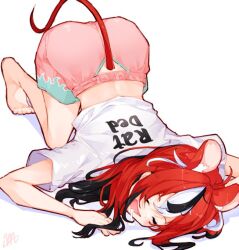 animal_ears barefoot drooling feet hakos_baelz hololive hololive_english ma_draws mouse_ears mouse_girl mouse_tail red_hair saliva shirt shorts sleeping t-shirt tail top-down_bottom-up virtual_youtuber white_background