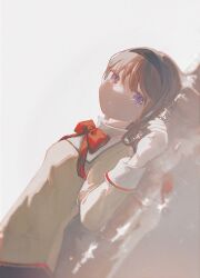 1girl absurdres akemi_homura black_hairband black_skirt bow bowtie closed_mouth collared_shirt crying dutch_angle hairband highres juliet_sleeves long_hair long_sleeves lying mahou_shoujo_madoka_magica mahou_shoujo_madoka_magica_(anime) mitakihara_school_uniform moieko on_back puffy_sleeves purple_eyes red_ribbon reflection reflective_floor ribbon school_uniform shirt simple_background skirt solo tears white_background