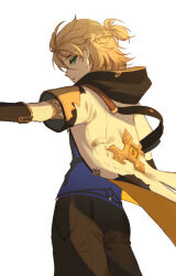 1boy ahoge albedo_(genshin_impact) aqua_eyes armlet back black_pants blonde_hair blue_shirt braid brown_gloves commentary_request cowboy_shot floating_clothes from_behind genshin_impact gloves gold_armlet hair_between_eyes hood hoodie jewelry looking_at_viewer looking_back male_focus open_mouth pants ponytail shirt short_hair short_ponytail short_sleeves simple_background solo standing white_background white_hoodie yuseol_art