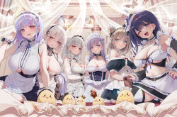 6+girls absurdres anchor_choker apron armpit_crease azur_lane bare_arms belfast_(azur_lane) black_choker black_dress blue_eyes blue_hair breasts bug butterfly buttons cellphone center_frills chain choker classic_(zildjian33) cleavage closed_mouth commentary_request cross-shaped_pupils detached_sleeves dido_(azur_lane) double-breasted dress earrings elbow_gloves frilled_apron frilled_gloves frills gloves green_eyes grey_hair highres holding holding_phone indoors insect jewelry large_breasts light_blue_hair liverpool_(azur_lane) long_hair looking_at_viewer maid maid_headdress manchester_(azur_lane) manjuu_(azur_lane) medium_hair multiple_girls nail_polish one_eye_closed one_side_up open_mouth phone pink_nails purple_eyes red_eyes scylla_(azur_lane) short_hair sirius_(azur_lane) skirt smartphone smile symbol-shaped_pupils tablecloth underboob waist_apron white_gloves wrist_cuffs
