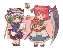 2girls arm_ribbon asymmetrical_hair black_footwear black_skirt block_(object) blue_dress blue_headwear blue_vest bomb bow brown_sash buttons closed_mouth dress explosive footwear_bow frilled_hat frilled_sleeves frills geta green_eyes green_hair hair_between_eyes hair_bobbles hair_ornament hat holding holding_paper long_sleeves minecraft multiple_girls onozuka_komachi open_mouth paper rbfnrbf_(mandarin) red_bow red_eyes red_hair red_ribbon ribbon ribbon-trimmed_shirt ribbon-trimmed_skirt ribbon_trim rod_of_remorse scythe shiki_eiki shirt shoes short_hair short_sleeves simple_background skirt speech_bubble standing thighhighs tnt tnt_block_(minecraft) touhou two_side_up v-shaped_eyebrows vest white_frills white_ribbon white_shirt white_sleeves wide_sleeves zettai_ryouiki