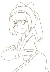 1girl absurdres ainu_clothes alternate_hairstyle breasts gloves hair_ribbon highres legs long_hair looking_at_viewer monochrome nakoruru open_mouth ponytail ribbon samurai_spirits sketch small_breasts smile snk solo the_king_of_fighters thighs tongue