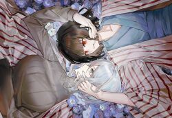 black_hair blue_eyes blue_kimono bob_cut bochishiraita breasts cigarette closed_mouth coat faust_(project_moon) flower forest_for_the_flames_(e.g.o) grey_sweater highres japanese_clothes kimono large_breasts limbus_company long_sleeves looking_at_another lying on_back project_moon purple_flower red_eyes representation_emitter_(e.g.o) ryoshu_(project_moon) short_hair striped_clothes striped_coat sweater upper_body white_coat white_hair