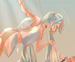 1boy 1girl absurdres amd_aoneko bare_shoulders blue_eyes blue_hair choker clenched_teeth earrings feathered_wings feathers from_side grey_background halo hatsune_miku highres jewelry long_hair looking_at_another parted_lips shirt side-tie_shirt simple_background skirt sleeveless sleeveless_shirt teeth twintails very_long_hair vocaloid white_shirt white_skirt white_wings wings wire