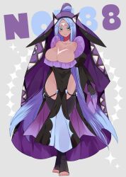 1girl arms_at_sides black_dress blue_hair breasts closed_mouth collarbone dark-skinned_female dark_skin dress facial_mark forehead_mark full_body gen_7_pokemon green_eyes grey_background hat highres huge_breasts legendary_pokemon long_hair nintendo personification pokedex_number pokemon purple_hat smile solo tapu_fini toenails very_long_hair yuzu_ichika