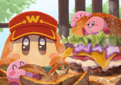 absurdres blue_eyes blush_stickers brown_eyes burger cheese closed_mouth eating food food_focus highres kirby kirby_(series) lettuce miclot nintendo no_humans pink_shoes potato_wedges sauce shoes sparkling_eyes steam tomato visor_cap waddle_dee window