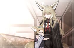 2girls absurdres animal_ears arknights blonde_hair closed_eyes closed_mouth commentary dated_commentary fox_ears fox_girl fox_tail highres long_hair mother_and_daughter multiple_girls parted_lips samip smile suzuran_(arknights) tail vulpisfoglia_(arknights)