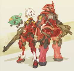 2girls armor assault_visor black_capelet capelet char_aznable gun gundam helmet holding holding_gun holding_weapon multiple_girls nakayama_tooru red_armor red_helmet robot shadow weapon white_helmet yellow_background