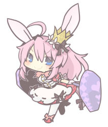 1girl ahoge animal_ears apron black_ribbon blue_eyes chibi crown doyagao dress emil_chronicle_online frills holding homurabi minnie_doe_alma pink_dress pink_hair ponytail rabbit_ears rabbit_girl ribbon smile smug thighhighs white_background white_thighhighs