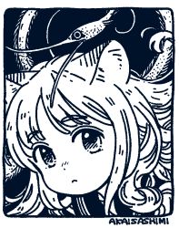 1girl :c akai_sashimi animal_ear_fluff animal_ears blue_theme blush border cat_ears closed_mouth creature curly_hair dark_background dot_nose expressionless eyebrows floating_hair from_side hatching_(texture) linear_hatching long_hair looking_at_viewer looking_to_the_side monochrome nose_blush original portrait rounded_corners sailor_collar signature solo swept_bangs tareme white_border