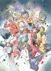 animal_print animification ant-man armor avengers_(series) black_hair blonde_hair blue_eyes bodysuit cape daredevil hammer hank_pym highres insect_wings janet_van_dyne jubilee long_hair long_sleeves marvel mask multiple_boys open_mouth peach_momoko red_bodysuit short_hair spider-man spider-man_(series) spider_print spider_web_print superhero_costume thor_(marvel) two-tone_bodysuit wasp_(marvel) weapon wings wolverine_(x-men) x-men yellow_bodysuit