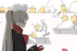 &gt;_&lt; 1girl ahoge aiguillette animal animal_on_head azur_lane baby_animal bird black_jacket cat chick from_side gloves hatski.sin high_ponytail highres jacket jean_bart_(azur_lane) long_hair long_sleeves manjuu_(azur_lane) meme on_head ponytail red_gloves too_many upper_body