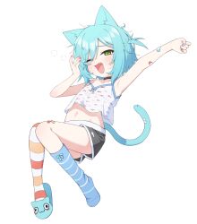 1girl absurdres animal_ears aqua_hair aqua_nails aqua_tail bandaid bandaid_on_arm black_choker black_shorts blue_socks bow_legwear cat_ears cat_girl cat_tail choker fang green_eyes highres horizontal-striped_socks krumroll krumroll_(artist) light_blush midriff navel one_eye_closed open_mouth original pink_nails shirt short_hair shorts simple_background single_slipper slippers socks solo stretching tail virtual_youtuber white_background white_shirt yawning