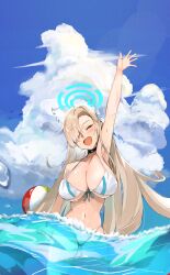 Rule 34 | 1girl, absurdres, alternate costume, arm up, asuna (blue archive), asymmetrical bangs, bikini, blonde hair, blue archive, blue sky, breasts, chankuro, closed eyes, cloud, day, front-tie bikini top, front-tie top, hair over one eye, highres, huge breasts, long hair, navel, ocean, open mouth, outdoors, partially submerged, sky, solo, swimsuit, very long hair, white bikini