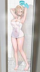 absurdres armpits asuna_(blue_archive) bathroom blonde_hair blue_archive blue_eyes blush breasts cleavage covered_navel full_body hair_over_one_eye halo hands_in_hair hashtag-only_commentary highres hyurumari indoors large_breasts naked_towel narrowed_eyes shiny_skin towel wet_towel