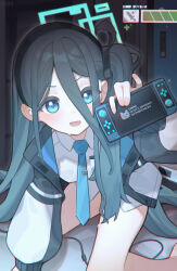 Rule 34 | 1girl, :d, absurdres, all fours, aris (blue archive), bare legs, bei qi, black hair, black hairband, blue archive, blue eyes, blue necktie, blush, collared shirt, commentary request, foot out of frame, hair between eyes, hairband, highres, jacket, long hair, long sleeves, necktie, no pants, one side up, open clothes, open jacket, open mouth, puffy long sleeves, puffy sleeves, shirt, smile, solo, sweat, v-shaped eyebrows, very long hair, white jacket, white shirt