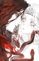 2boys absurdres blood bloody_tears duoj_ji elden_ring:_shadow_of_the_erdtree highres long_hair looking_at_viewer messmer_the_impaler miquella_(elden_ring) multiple_boys red_hair red_snake snake snake_on_shoulder yellow_eyes