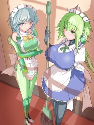 absurdres apron bare_shoulders blue_dress blue_eyes blush bodysuit bombergirl bow bowtie breasts broom clothing_cutout cosplay costume_switch crossover detached_sleeves dress embarrassed emera_(bombergirl) green_bodysuit green_eyes green_ribbon grey_hair hair_tattoo highres holding_own_arm huge_breasts indoors izayoi_sakuya large_breasts long_hair maid_apron maid_headdress mondaysea navel ribbon sidelocks skin_tight standing sweatdrop thigh_cutout touhou white_frills white_hair yellow_bow yellow_bowtie