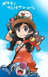 1girl bag black_eyes black_hair braid closed_eyes cloud colored_sclera commentary_request creatures_(company) day dress floral_print flower game_freak gen_7_pokemon hair_flower hair_ornament hat litten mabu_(dorisuto) nintendo official_style on_head orange_dress pokemon pokemon_(creature) pokemon_on_head pokemon_usum popplio rowlet selene_(pokemon) selene_(pokemon_usum) sky smile starter_pokemon_trio sunlight translation_request twin_braids yellow_sclera