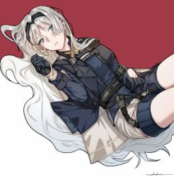 1girl an-94_(girls&#039;_frontline) anderain aqua_eyes black_gloves blonde_hair girls&#039;_frontline gloves hairband highres long_hair long_sleeves lying on_back solo tactical_clothes two-tone_background very_long_hair