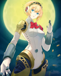 1girl absurdres aigis_(persona) android blonde_hair blue_eyes bow breasts bullet closed_mouth commentary finger_cannon full_moon hairband headphones highres joints looking_at_viewer medium_breasts moon night night_sky persona persona_3 red_bow ribbon robot_ears robot_girl robot_joints shell_casing short_hair sky solo truejekart