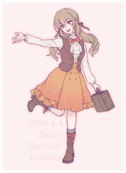1girl :d ascot bag birthday boots border bow bowtie brown_boots brown_eyes brown_hair brown_vest character_name dated fata_morgana_no_yakata grapeoolongteaaa grey_socks happy_birthday highres holding holding_bag leg_up long_hair looking_ahead low_twintails nellie_rhodes open_mouth orange_background orange_skirt outstretched_arm red_bow red_bowtie school_bag shirt skirt smile socks solo teeth twintails upper_teeth_only vest white_ascot white_border white_shirt