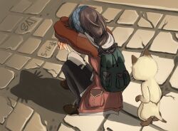 Rule 34 | 1girl, alma (monster hunter wilds), backpack, bag, black hair, black pants, cat shadow puppet (meme), commentary, dated, english commentary, felyne, from behind, hairband, jacket, long hair, low-tied long hair, meme, monster hunter (series), monster hunter wilds, pants, red jacket, saijou (box of randomness), shadow, shadow puppet, shoes, squatting