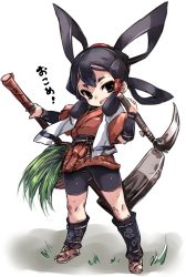 1girl bike_shorts black_eyes black_hair commentary_request full_body grass hair_ornament hair_rings hair_tubes hoe japanese_clothes karukan_(monjya) long_hair open_mouth sakuna-hime short_eyebrows sickle simple_background solo standing sweat tensui_no_sakuna-hime towel towel_around_neck