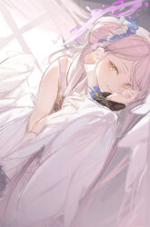 1girl angel_wings blue_archive closed_mouth curtains dress feathered_wings flower hair_bun hair_flower hair_ornament halo head_rest highres indoors long_hair looking_at_viewer low_wings lying mika_(blue_archive) on_side pink_hair pink_halo scrunchie single_side_bun sketch sleeveless sleeveless_dress smile solo white_dress white_wings window wings yellow_eyes yorurui_sansan
