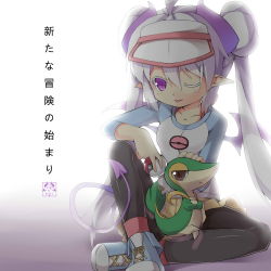 1girl cosplay creatures_(company) demon_girl demon_tail demon_wings donut_hair_bun game_freak gen_5_pokemon gradient_background hair_bun horns nintendo one_eye_closed original pointy_ears poke_ball pokemon pokemon_bw2 rosa_(pokemon) rosa_(pokemon)_(cosplay) saru shoes sneakers snivy tail translation_request wings