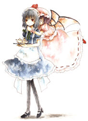 2girls :o apron back_bow bat_wings black_pantyhose black_shoes blue_dress bow brown_eyes closed_eyes closed_mouth commentary_request cup dot_mouth dress expressionless flying frilled_dress frills full_body grey_hair hat hat_bow highres holding holding_tray hug hug_from_behind izayoi_sakuya looking_to_the_side multiple_girls painting_(medium) pantyhose pink_dress pink_hat purple_hair red_bow red_shoes remilia_scarlet shadow shoes solo teacup teapot touhou traditional_media tray walking watercolor_(medium) white_background wings wrist_cuffs yon_(letter)