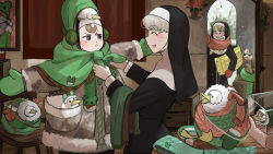 3girls :d ^_^ animal animal_in_clothes animal_on_head arch bird candle chair chicken christmas_wreath closed_eyes clumsy_nun_(diva) curtains diva_(hyxpk) door drawer drawing dressing_another duck earmuffs flower freckles frog frog_hat froggy_nun_(diva) fur-trimmed_jacket fur_trim green_scarf habit hanging_plant highres holding_toboggan hood in_pocket jacket little_nuns_(diva) mittens multiple_girls nun on_head open_door open_drawer open_mouth ostrich picture_frame pillar plant poinsettia poncho pot potted_plant scarf shadow sheep_nun_(diva) sleeping slice_of_life smile snow string sweat sweater terrarium toboggan traditional_nun tree wooden_chair wrapped wreath