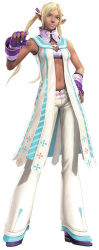 1girl 3d animal_ears aqua_nails blonde_hair dark-skinned_female dark_skin elf female_focus fingerless_gloves full_body gloves green_eyes laia_martinez long_hair looking_at_viewer lowres midriff nail_polish navel official_art pants phantasy_star phantasy_star_universe pointing pointing_at_viewer pointy_ears purple_gloves shoes simple_background sleeveless solo standing toned toned_female twintails white_background