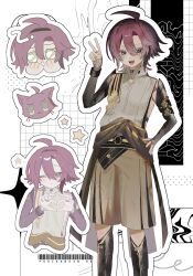 1boy :&lt; armor barcode black_choker black_hair blush cat choker closed_mouth commentary finger_heart genshin_impact green_eyes hand_on_own_hip highres japanese_armor kote kurokote male_focus mogugu_x mole mole_under_eye multicolored_hair multiple_views one_eye_closed open_mouth red_hair shikanoin_heizou simple_background star_(symbol) symbol-only_commentary v