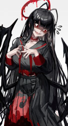 1girl absurdres antenna_hair averting_eyes black_hair black_nails black_sailor_collar black_shirt black_skirt black_wings blue_archive feathered_wings franz2543 highres looking_to_the_side open_mouth own_hands_together red_eyes sailor_collar shaded_face shirt skirt solo sweatdrop teeth tsurugi_(blue_archive) wings