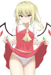 Rule 34 | &gt;:), 1girl, absurdres, ascot, blush, bow, bow panties, closed mouth, clothes lift, commentary request, cowboy shot, crystal wings, eyelashes, eyes visible through hair, flandre scarlet, frilled shirt collar, frilled sleeves, frills, hair between eyes, hair intakes, highres, lifting own clothes, looking at viewer, medium hair, midriff peek, miniskirt, no headwear, paid reward available, panties, puffy short sleeves, puffy sleeves, red eyes, red skirt, red vest, shirt, short sleeves, side ponytail, sidelocks, simple background, skirt, skirt lift, smile, solo, split mouth, szl, touhou, tsurime, underwear, upturned eyes, v-shaped eyebrows, vest, white background, white panties, white shirt, wings, yellow ascot