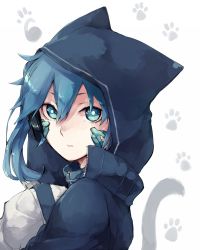 1girl animal_hood aqua_eyes asuna_(doruru-mon) bad_id bad_pixiv_id blue_hair cat_hood ene_(kagerou_project) highres hood hoodie kagerou_project long_hair vocaloid yamaha