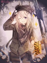 1girl ;d absurdres animal_ears arknights armband asymmetrical_gloves black_gloves black_hat brown_gloves brown_jacket chromatic_aberration commentary cowboy_shot ears_through_headwear english_commentary gloves grani_(arknights) grey_hair grin hair_between_eyes hat highres holding jacket long_hair looking_at_viewer mismatched_gloves one_eye_closed open_mouth pink_eyes sakuratani_hane smile solo sparkle standing twitter_username yellow_armband
